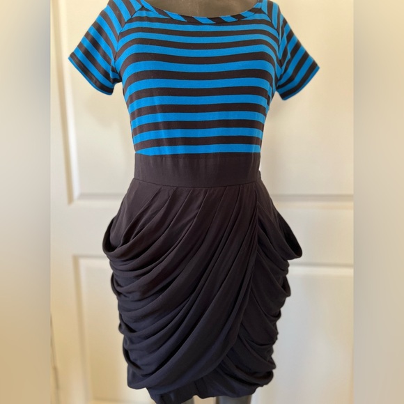 Forever 21 Twist Striped Dress Blue Black Draped Tulip Skirt Ruched M - Picture 6 of 9
